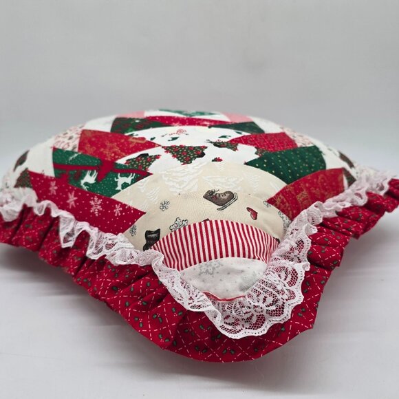 Handmade Christmas Patchwork Quilted Christmas Throw Pillow With Lace Ruffle - Picture 10 of 11